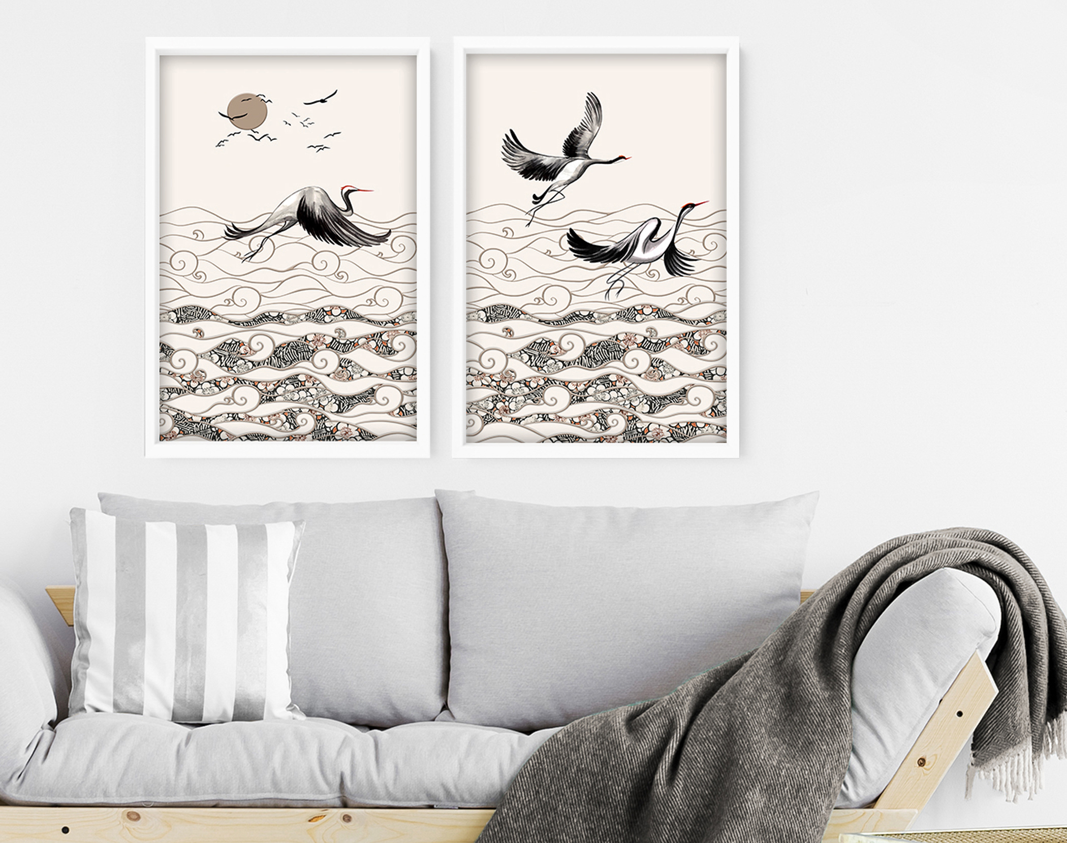 Office decor wall art Set of 2, Cranes Japanese art Home Decor, calming zen wall decor, Japandi illustration living room , minimalist print, Office decor wall art Set of 2, Cranes Japanese art Home Decor, calming zen wall decor, Japandi illustration living room , minimalist print,