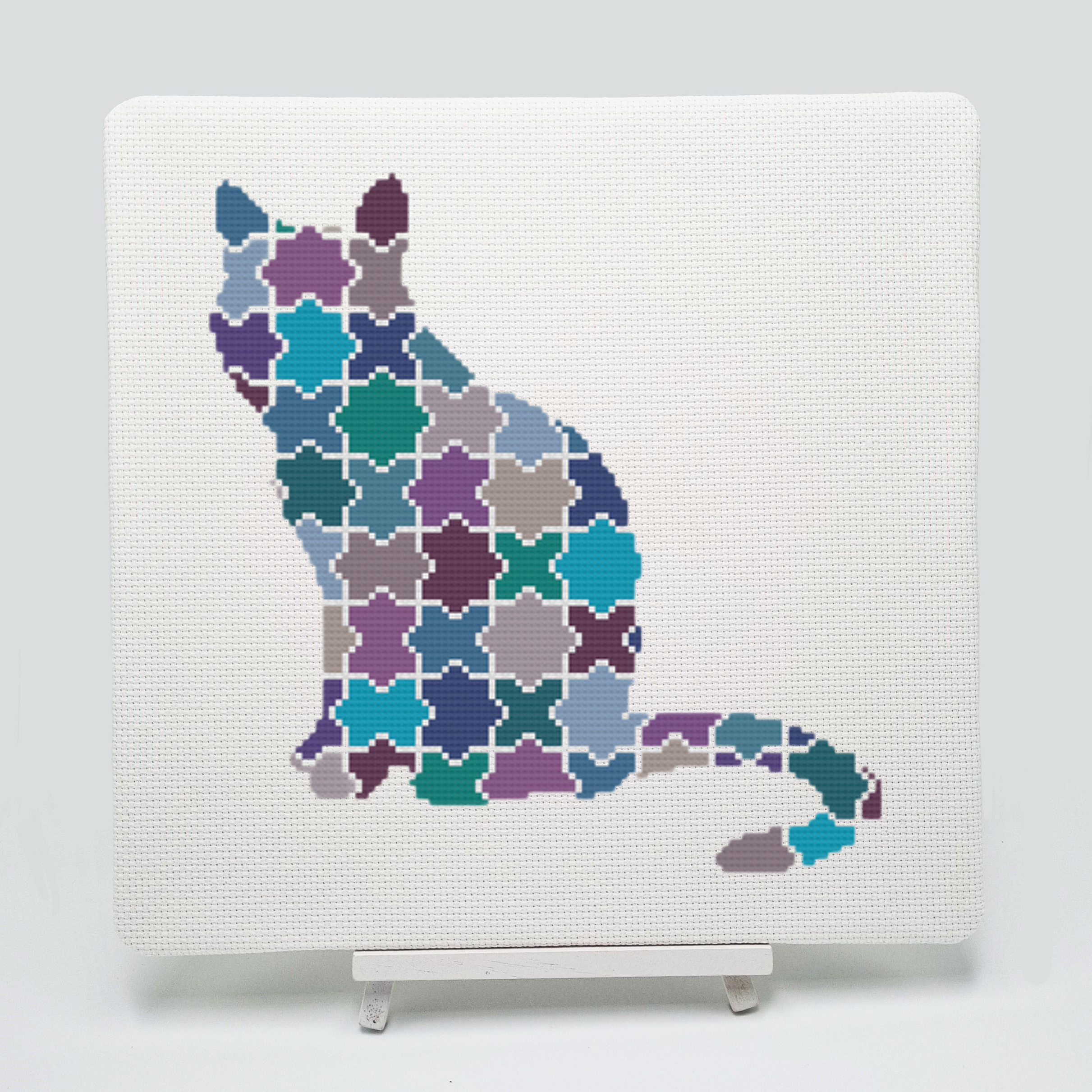 Jigsaw Cat Cross Stitch Kit for Beginners Meloca Designs Modern Geometric Polygonal Easy Pet Animal Nursery Baby Embroidery Needlework Craft Sewing Kit for Adults