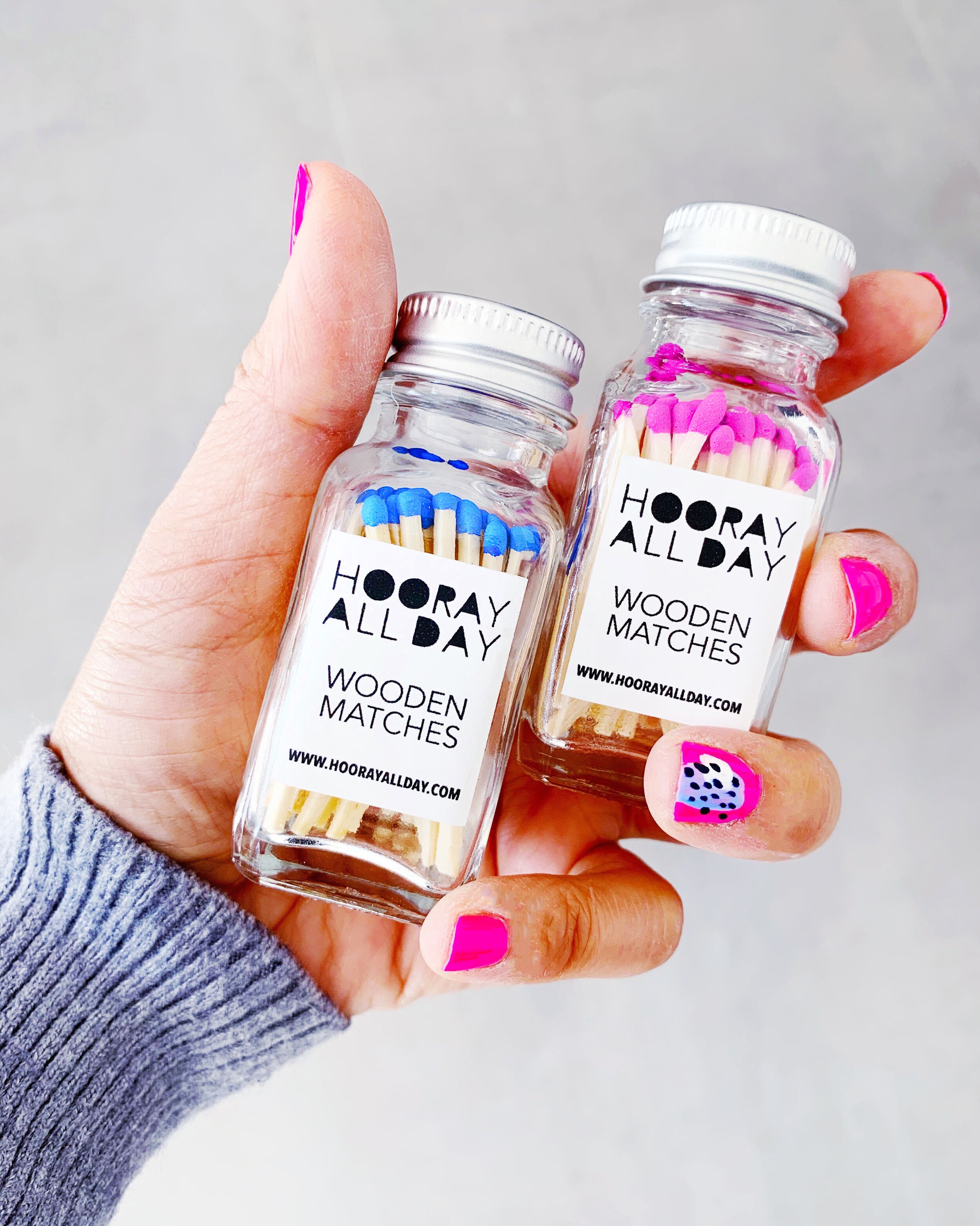 Colorful Wooden Matches in Little Glass Bottle Raspberry