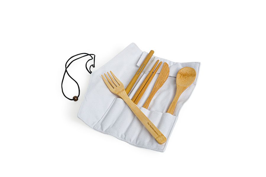 Bamboo Cutlery - Linen Pouch Incl. Cutlery, Straw, Chopsticks - Pack of 5