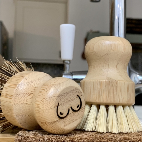 Pot scrubbers with boobs by sink in kitchen