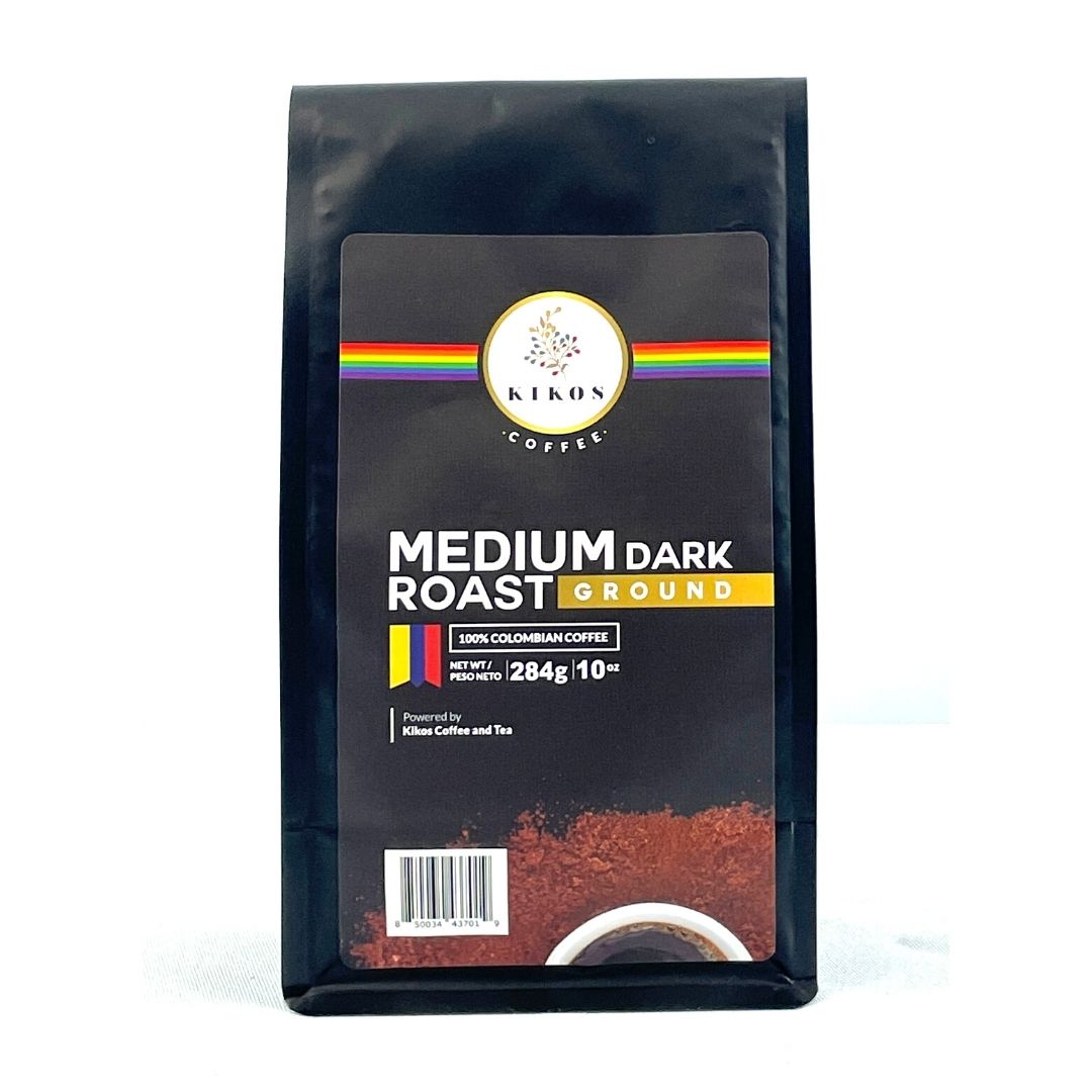 10oz-Kikos-colombian-coffee-medium-dark-roast-ground-coffee-front