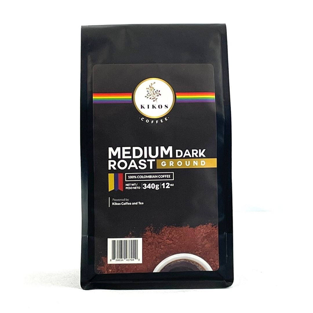 12oz-Kikos-colombian-coffee-medium-dark-roast-ground-coffee-front