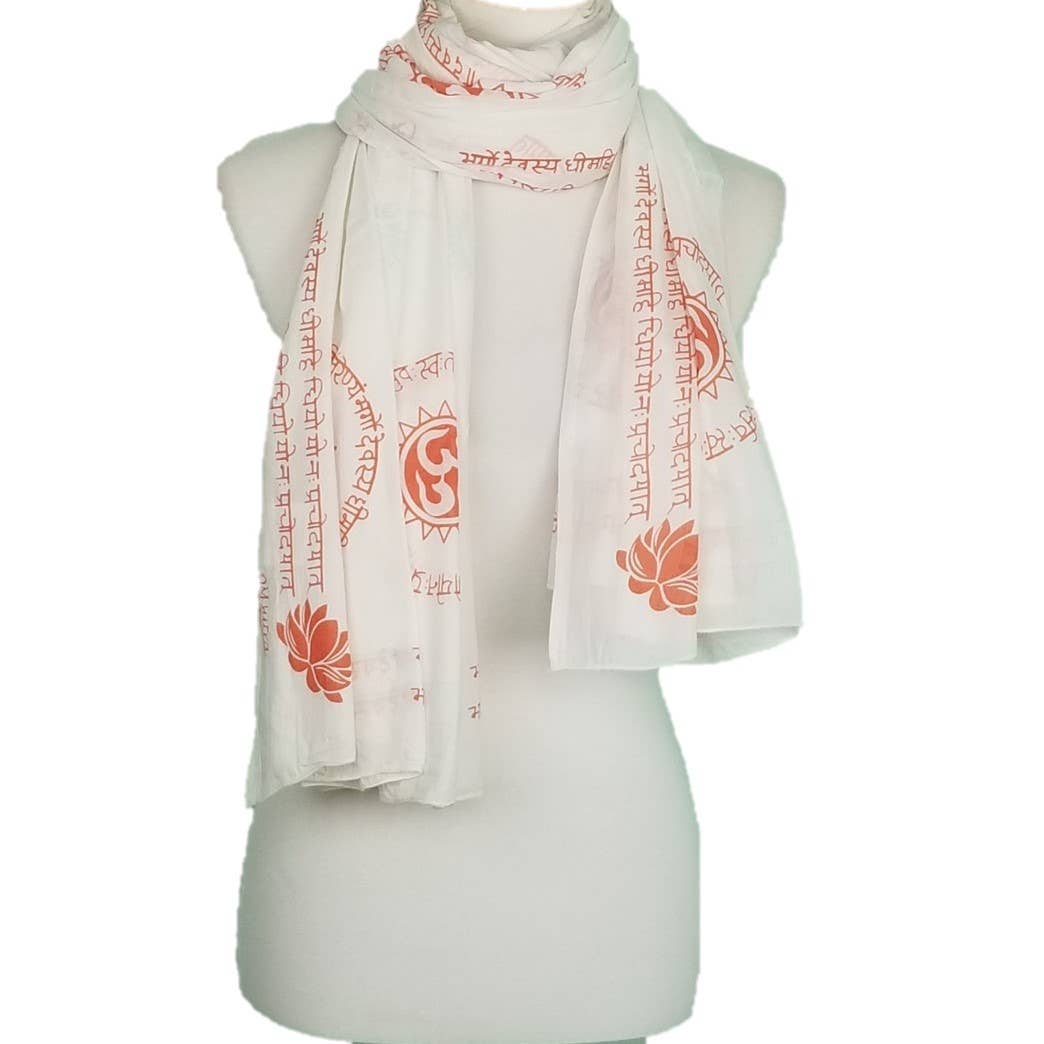 Gayatri Mantra Prayer Shawl - Whit and coral 1 Gayatri Mantra Prayer Shawl - Whit and coral