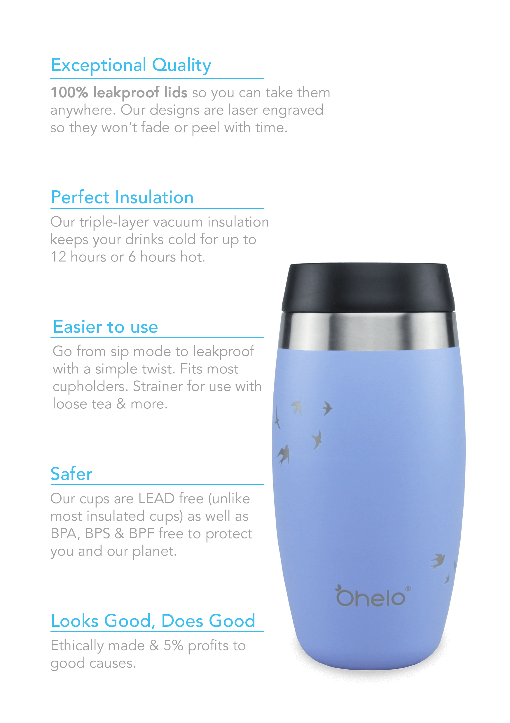 Product page travel cup poster tiny Infographic showing the features of Ohelo travel cup; exceptional quality, perfect insulation, easier to use, safer and looks good,does good. Leakproof, 5% charity, easy to use sip lid.