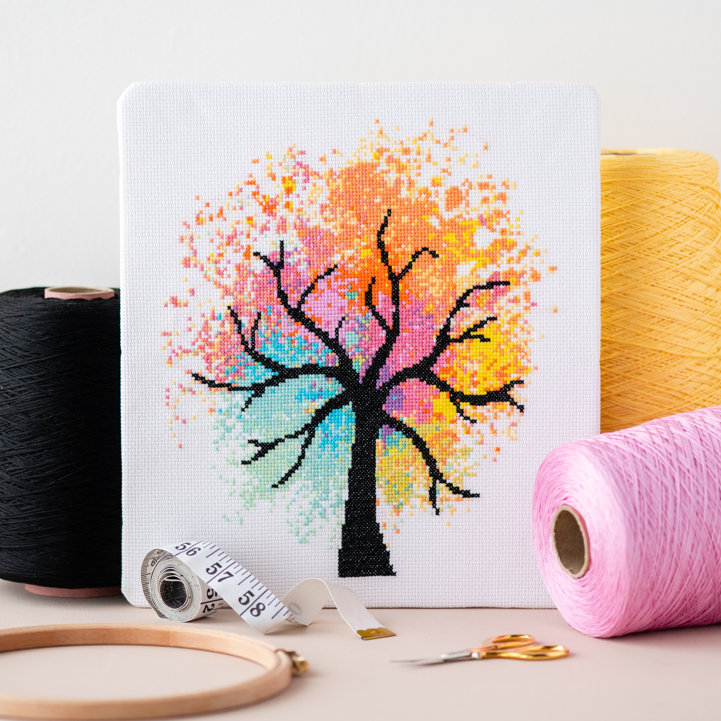 Watercolour Tree Cross Stitch Kit for Beginners Meloca Designs Modern Wedding Rainbow Floral Garden Nursery Embroidery Needlework Craft Sewing Kit for Adult