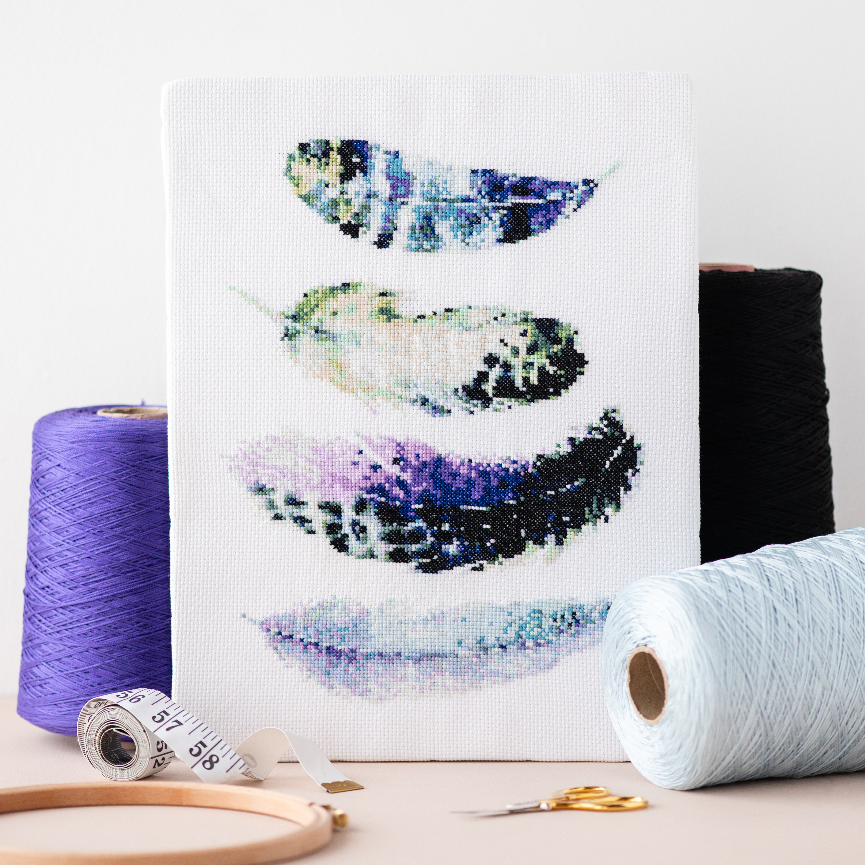 Boho Feathers Cross Stitch Kit for Beginners Meloca Designs Modern Fun Bird Animal Nursery Tribal Whimsical Baby Embroidery Needlework Craft Sewing Kit