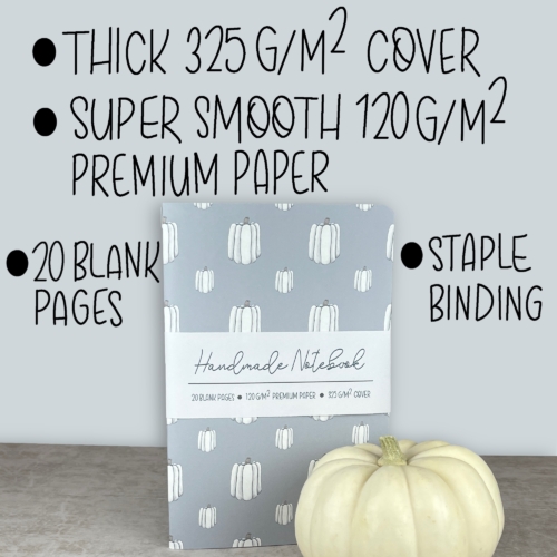 List of highlights: 325 GSM cover, super smooth 120 GSM premium paper, 20 blank pages, and staple binding