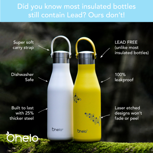Ohelo white and yellow bee insulated reusable bottles in forest with USP features highlighted