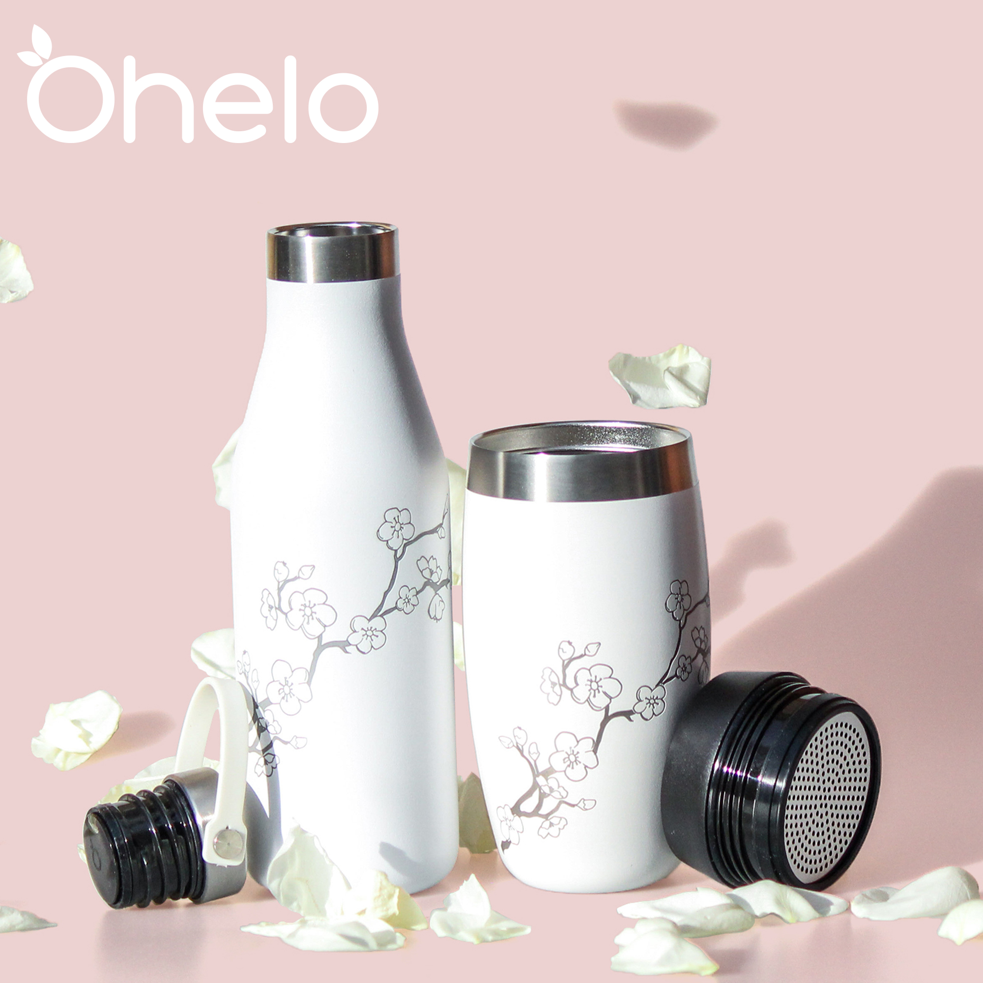 Ohelo bottle and travel cup square white blossom #1