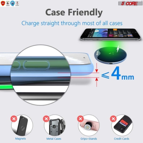 5 Core Wireless Charger (Pad), 15W Max Fast Charging, Compatible with QI Enabled Phones, AriPods and More, Anti-Skid, temperature control, surge, and short-circuit protection- CDKW01 MG 2PK