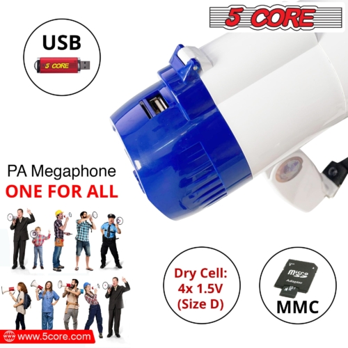 5Core Megaphone Bullhorn Voice Recording Siren Blow Horn Hand Held Loudhailer 8R