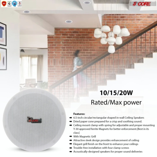 5 Core 6 Pieces 6.5 Inch Ceiling Speaker Wired Waterproof in Ceiling/in Wall Mounted CL 6.5-12 2W 6PCS