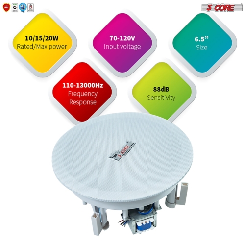 5 Core 6 Pieces 6.5 Inch Ceiling Speaker Wired Waterproof in Ceiling/in Wall Mounted CL 6.5-12 2W 6PCS