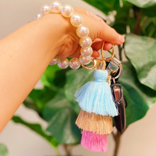 Classy Girl Pearl Tassel Key Chain, Mint/Pink