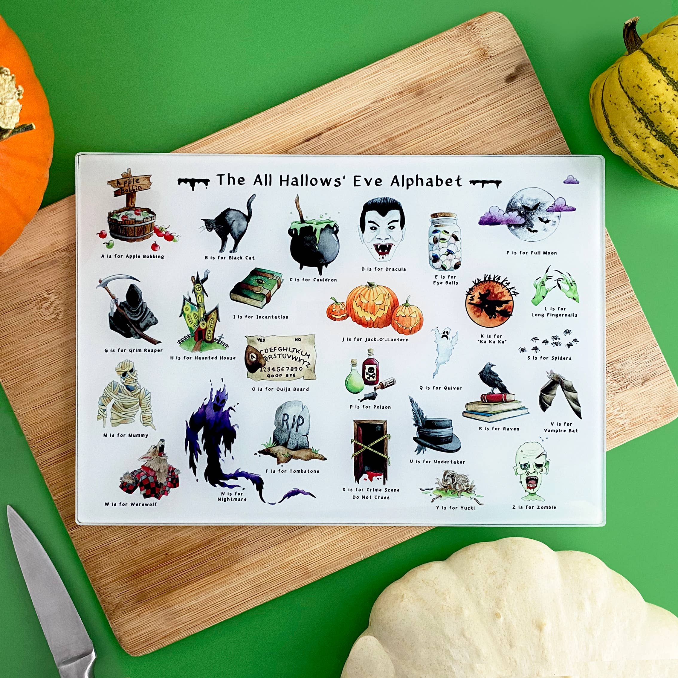The Halloween Alphabet Glass Cutting Board 2 The Halloween Alphabet Glass Cutting Board