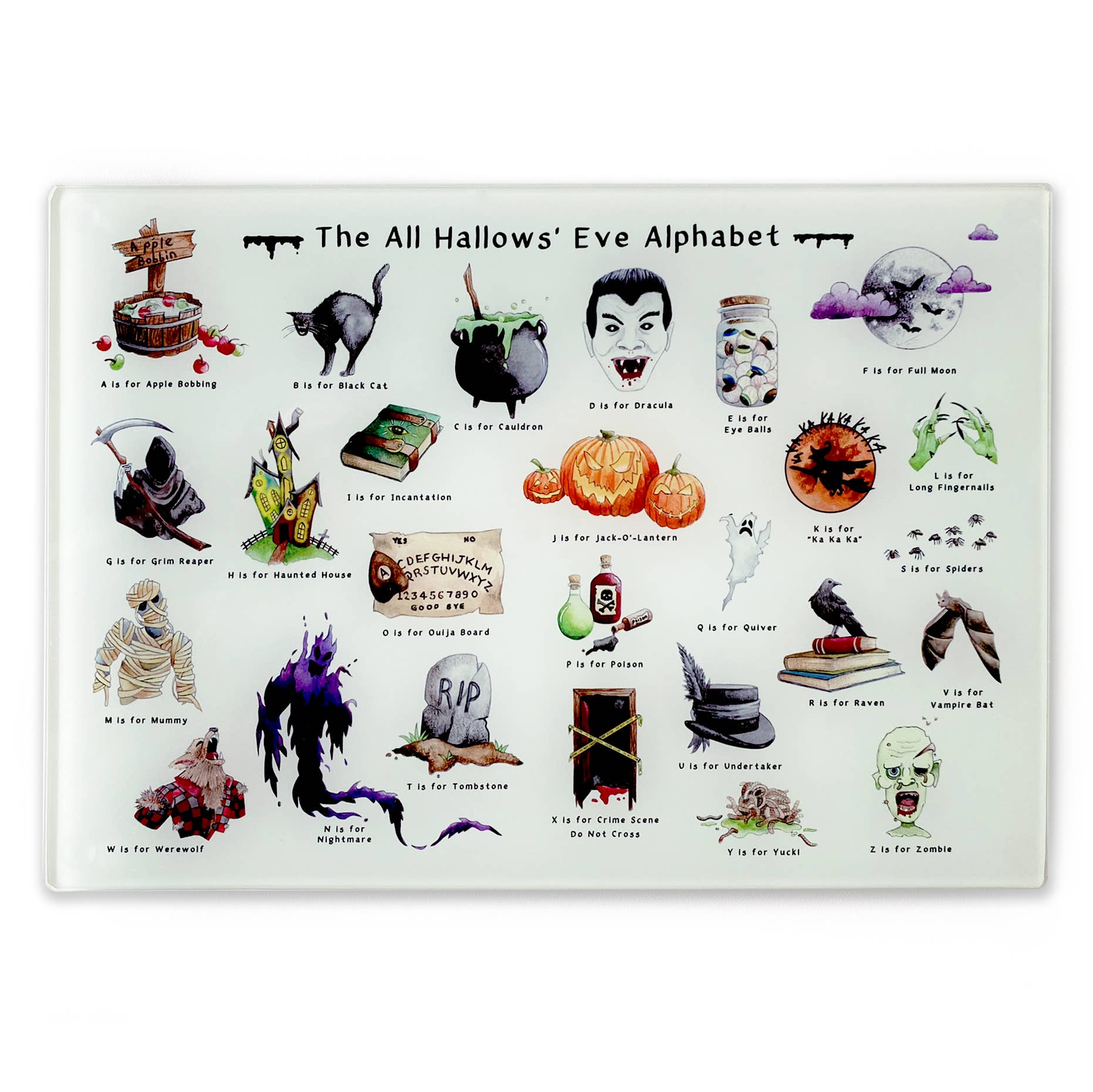 The Halloween Alphabet Glass Cutting Board 1 The Halloween Alphabet Glass Cutting Board