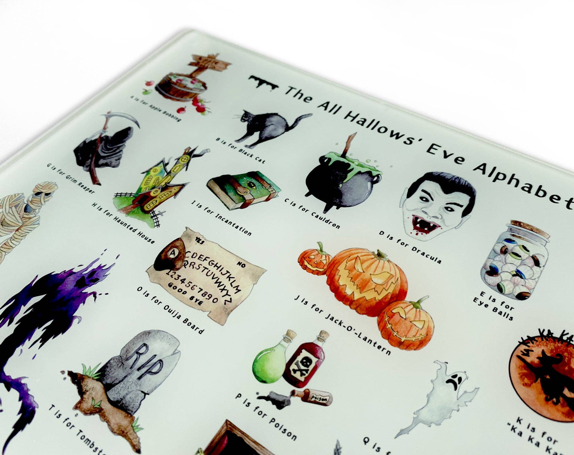 The Halloween Alphabet Glass Cutting Board 4 The Halloween Alphabet Glass Cutting Board