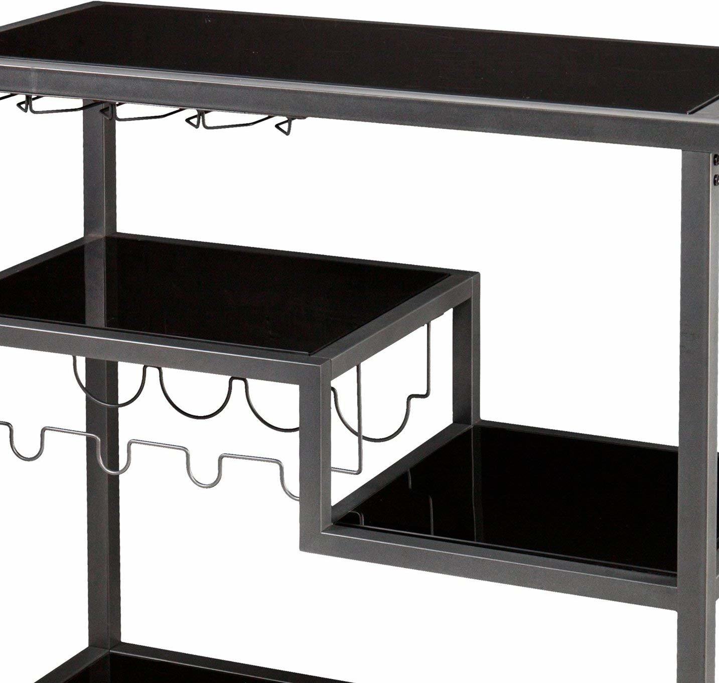 Contemporary Style Metal Bar Cart With Tempered Glass Shelves, Gunmetal Gray Black 3 Contemporary Style Metal Bar Cart With Tempered Glass Shelves, Gunmetal Gray Black