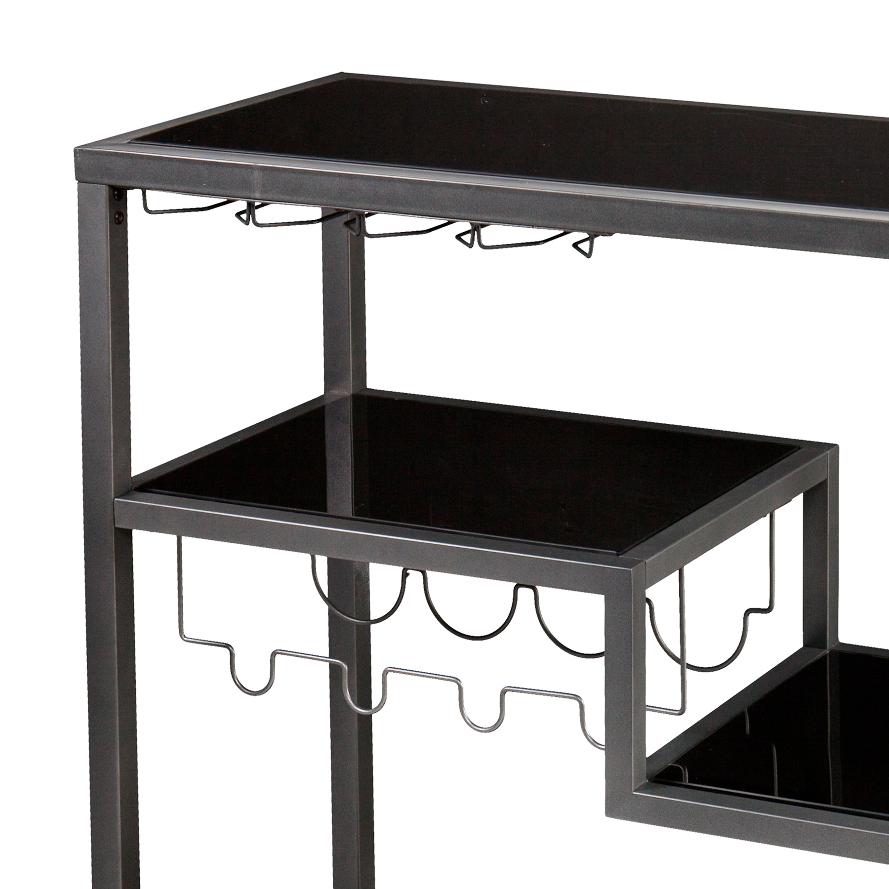 Contemporary Style Metal Bar Cart With Tempered Glass Shelves, Gunmetal Gray Black 2 Contemporary Style Metal Bar Cart With Tempered Glass Shelves, Gunmetal Gray Black