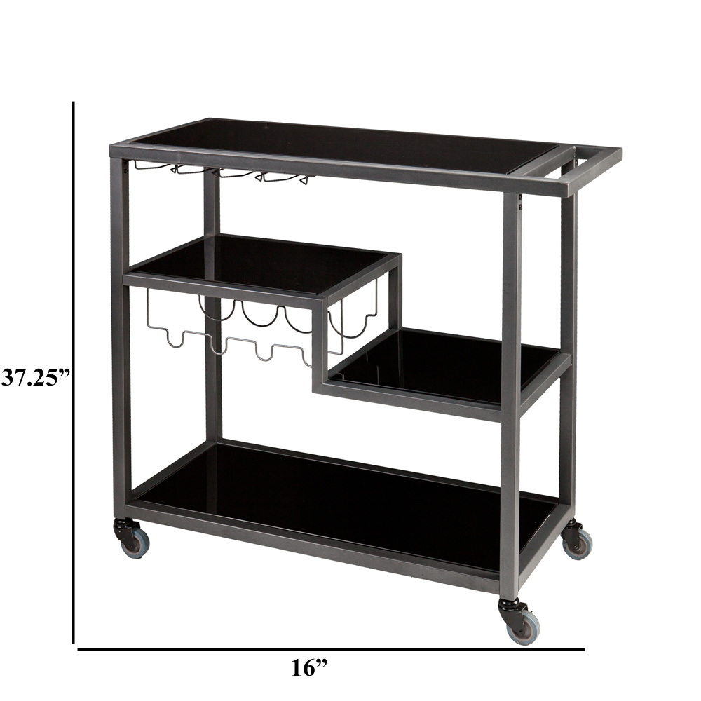 Contemporary Style Metal Bar Cart With Tempered Glass Shelves, Gunmetal Gray Black 5 Contemporary Style Metal Bar Cart With Tempered Glass Shelves, Gunmetal Gray Black