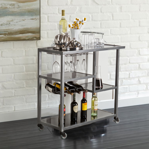 Contemporary Style Metal Bar Cart With Tempered Glass Shelves, Gunmetal Gray Black