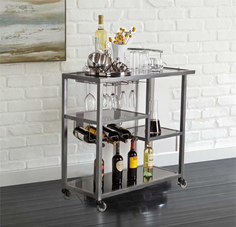 Contemporary Style Metal Bar Cart With Tempered Glass Shelves, Gunmetal Gray Black 6 Contemporary Style Metal Bar Cart With Tempered Glass Shelves, Gunmetal Gray Black