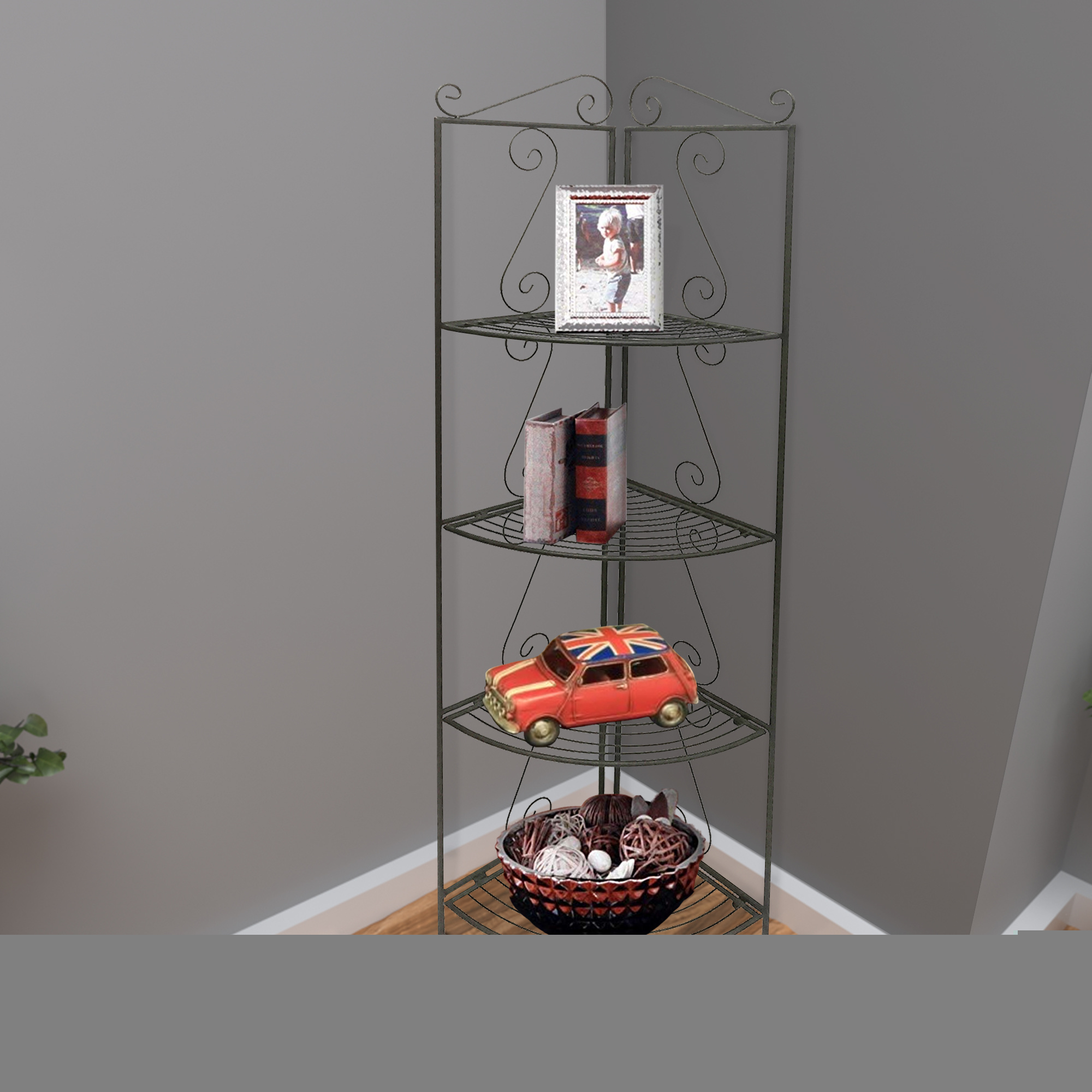 Four Tier Metal Foldable Corner Bookcase with Decorative Scrolled Details, Black 6 Four Tier Metal Foldable Corner Bookcase with Decorative Scrolled Details, Black