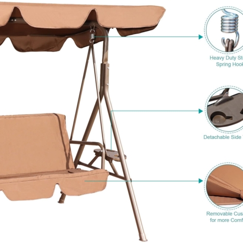 Durable Outdoor 2-Seat Swing with Teapoy Weather Resistant Canopy Powder Coated Steel Frame Swinging Hammock with Removable Cushion for Patio