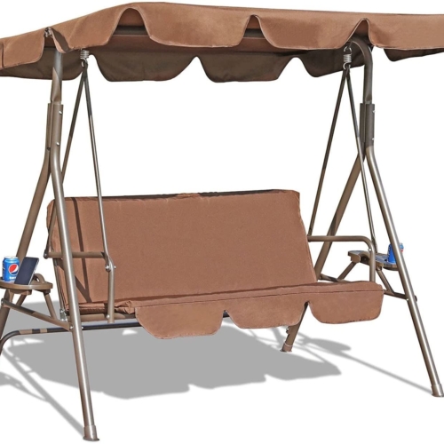 Durable Outdoor 2-Seat Swing with Teapoy Weather Resistant Canopy Powder Coated Steel Frame Swinging Hammock with Removable Cushion for Patio