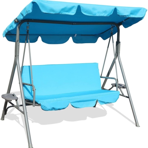 Durable Outdoor 2-Seat Swing with Teapoy Weather Resistant Canopy Powder Coated Steel Frame Swinging Hammock with Removable Cushion for Patio