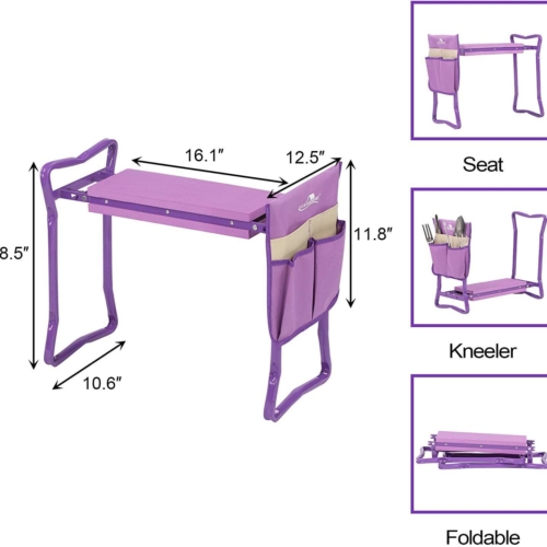 Bosonshop Garden Kneeler and Seat Folding Kneeling Bench Stool with Tool Pouches Soft EVA Foam for Gardening, Purple