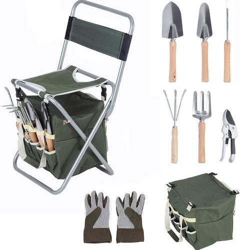 Bosonshop 9 PCS Garden Tools Set Ergonomic Wooden Handle Sturdy Stool with Detachable Tool Kit Perfect for Different Kinds of Gardening