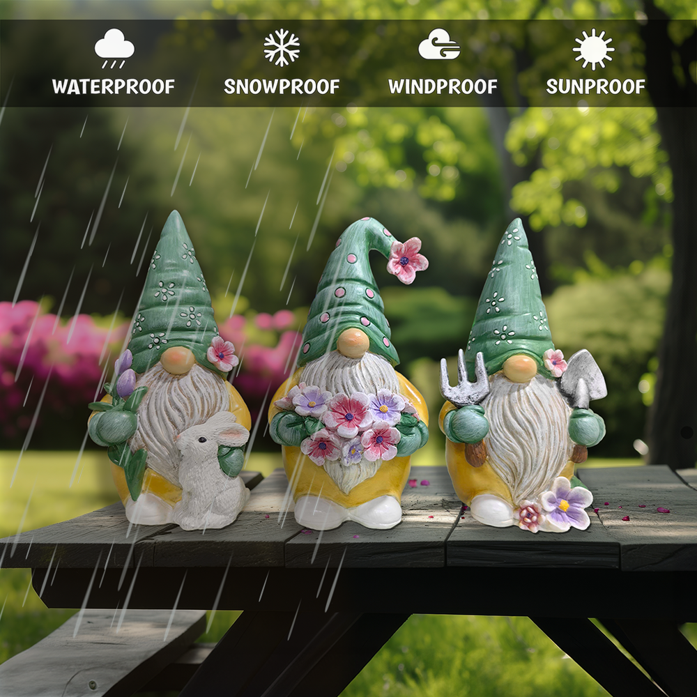 Attribute Image-03 Garden Guardians Set of Three 6 Gardening Gnome Figurines, Floral Green and Yellow Statue Decor