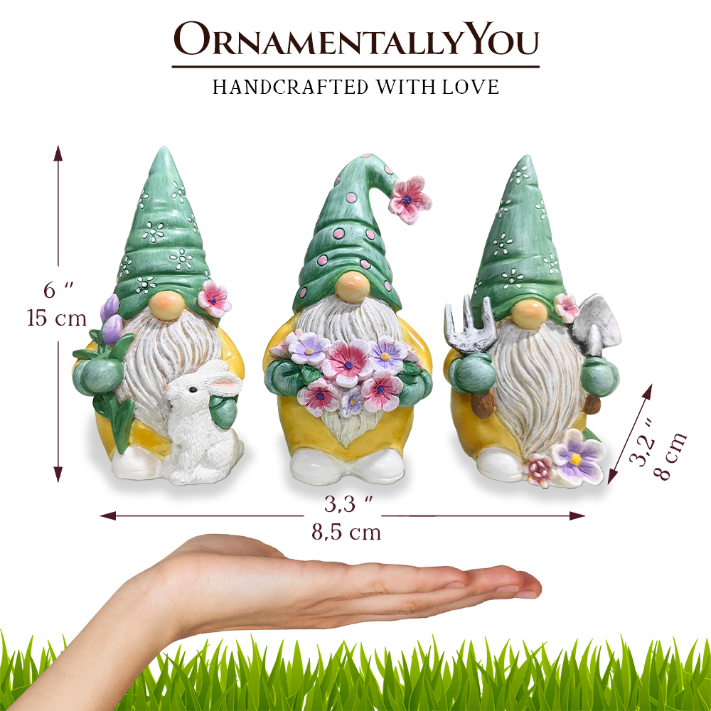 Attribute Image-02 Garden Guardians Set of Three 6 Gardening Gnome Figurines, Floral Green and Yellow Statue Decor