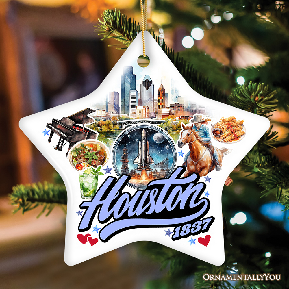 For Product-02 Artistic Houston Ceramic Ornament, Texas Souvenir with Vintage City Elements and Space Shuttle Star Mockup Group-02