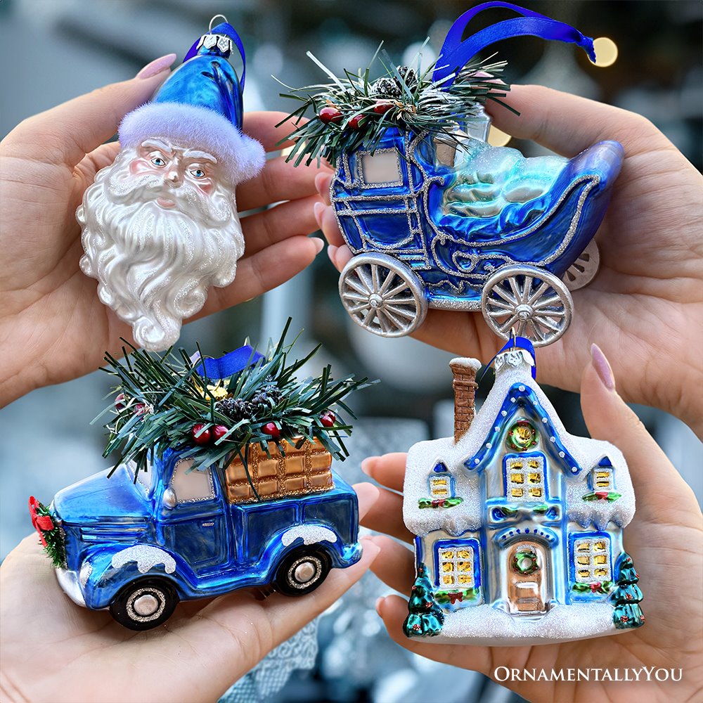 ForProduct-01AMarvelousBlueChristmasSetofFourGlassOrnamentswithSanta_Truck_SnowCabinandSleigh.jpg