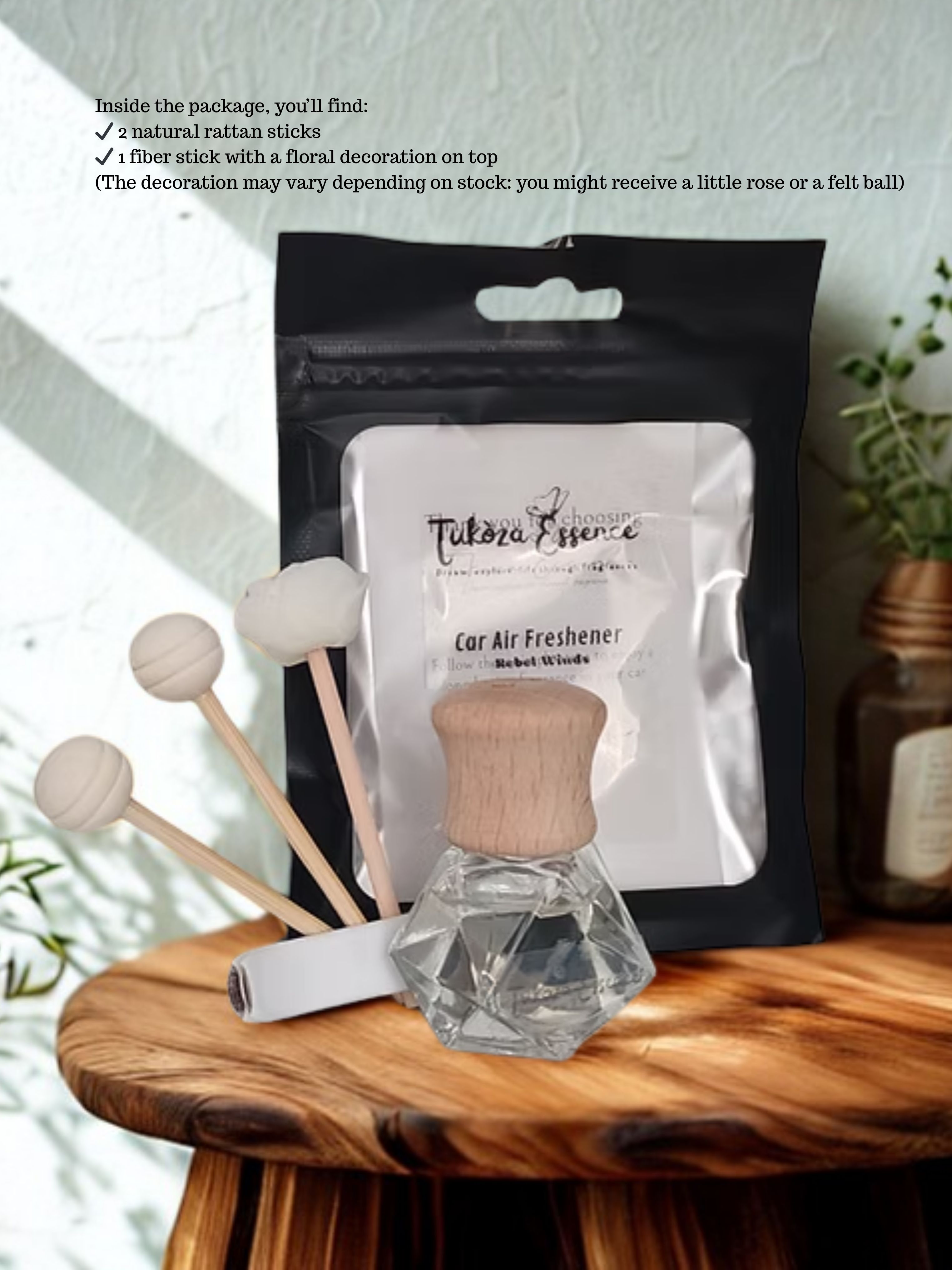 Rebel Winds – What’s Included in Your Car Scent Kit Full Rebel Winds set – car air freshener, 3 reeds, and pouch – informative image with 'What you receive' text overlay