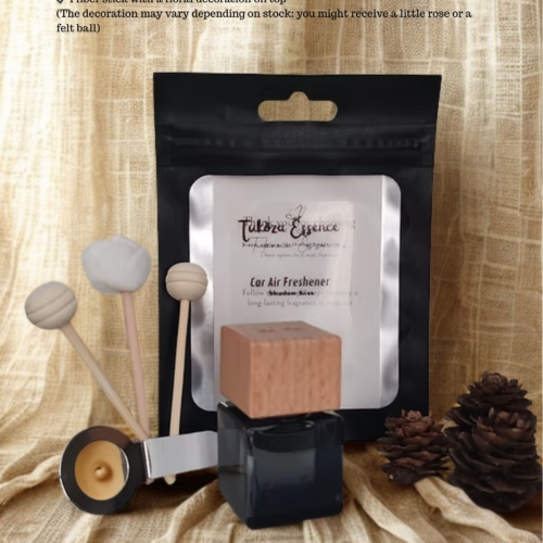 Shadow Kiss car diffuser set with text 'What You Receive' – includes diffuser bottle, three reeds, and pouch