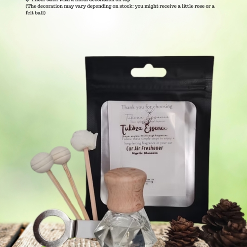 Mystic Blossom car air freshener set with text 'What You Receive' – includes diffuser, reeds, and pouch