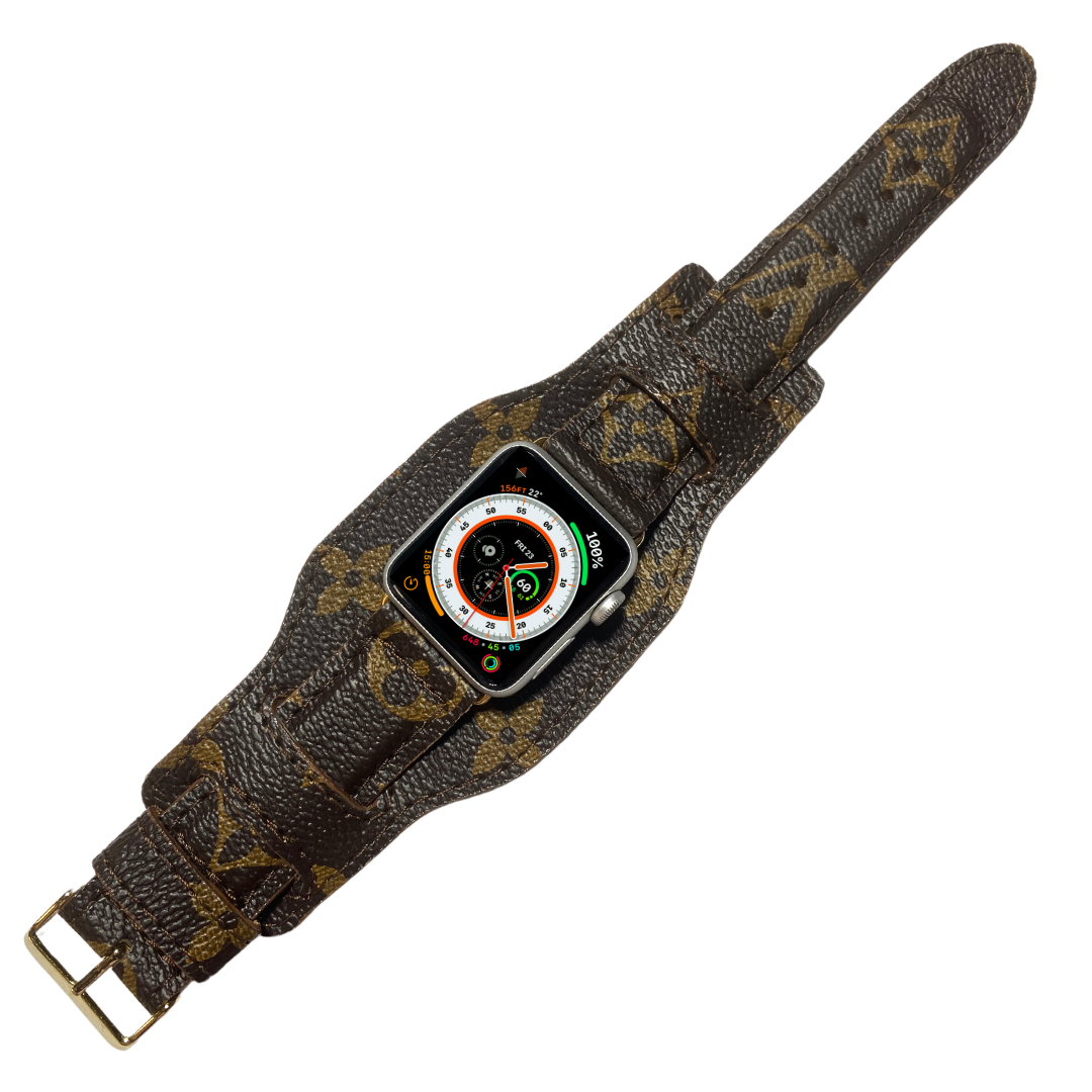 louis vuitton-apple-watch-band-strap-brown LV pattern Upcycled Louis Vuitton Apple Watch Band & Cuff Set