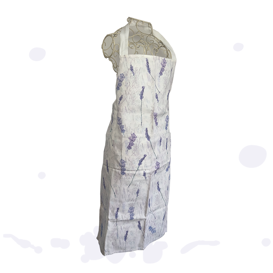 Lavender Blue Apron 100% cotton artistically designed lavender stem apron in blues, purples and greys. Made in the UK