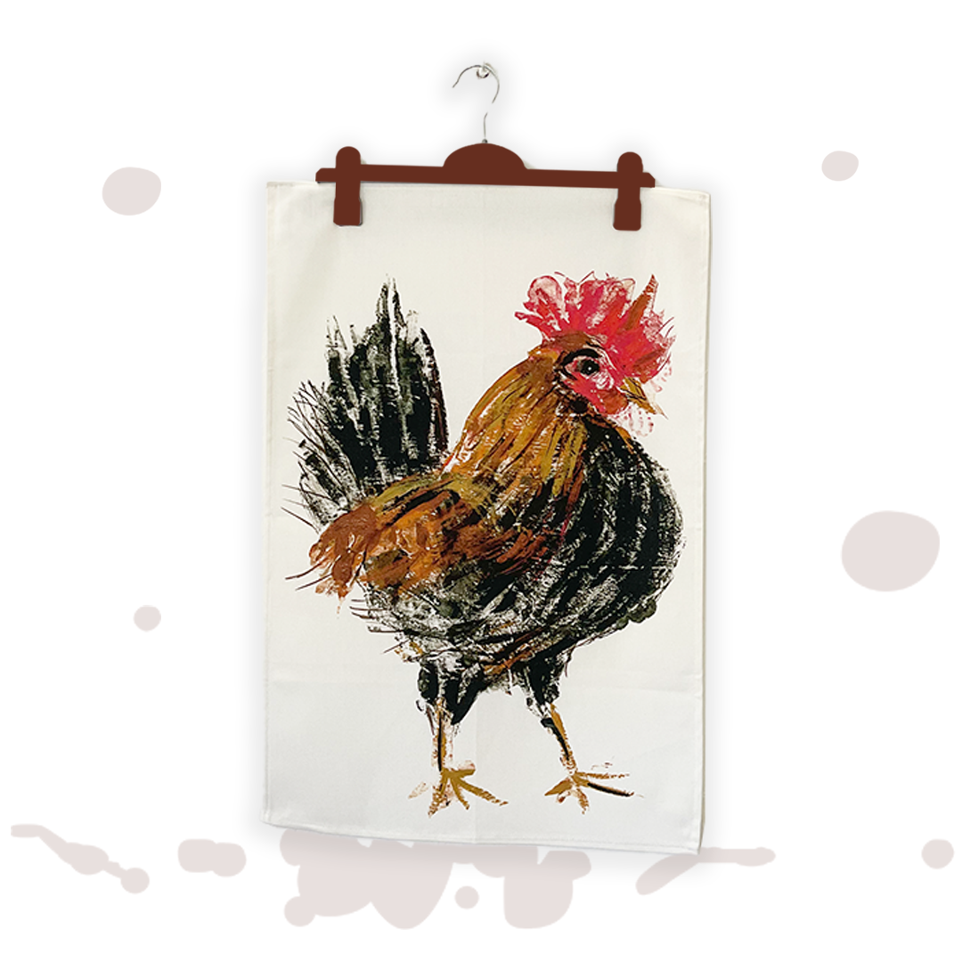 15 100% cotton artistically designed Cockerel Tea Towel in bold reds and browns. Made in the UK