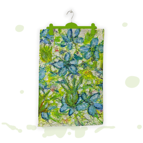 Bold floral illustration of Love in the Mist floral design in blues and lime greens, printed onto 100% quality Cotton. Made in the UK.