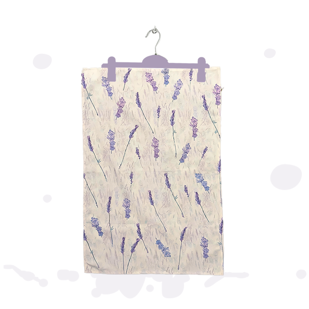 Lavender-Tea-Towel-for-website 100% cotton artistically designed Lavender stem Tea Towel in purples, pale pinks and blues. 100% cotton