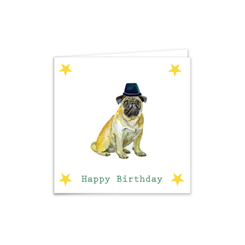 Birthday card of a bull dog wearing a hat with Happy Birthday written on the front of the card