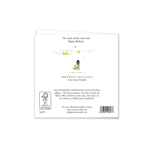 Back of birthday card of a Bulldog wearing a hat