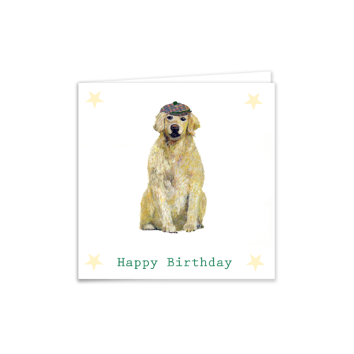 Birthday card of labrador dog wearing a flat cap.
