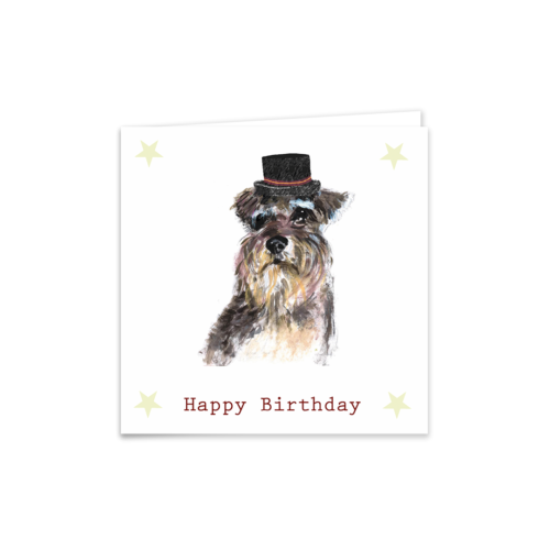 Schnauzer dog birthday card wearing bowler hat
